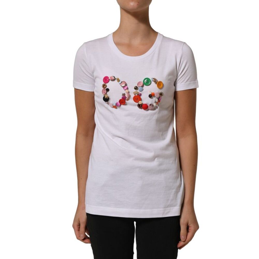 Dolce & Gabbana White DG Logo Embellished Round Neck Women's T-shirt